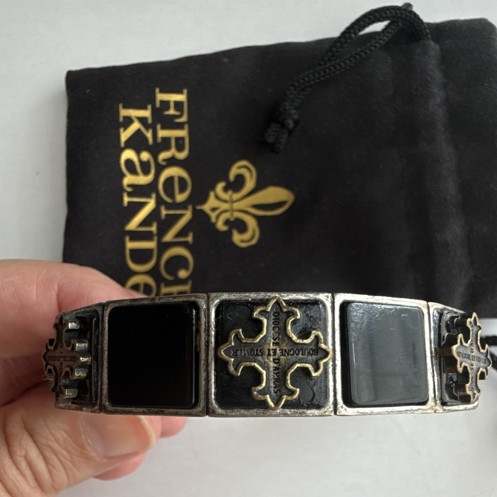 French Kande Vintage Rare Hinged Black And Silver Enamel Bangle Bracelet Cross
